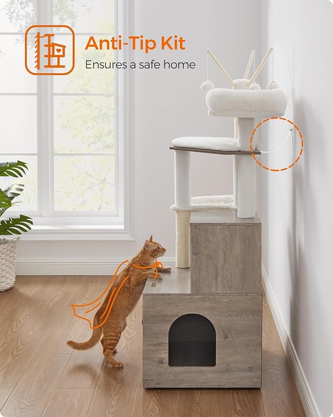 Feandrea Cat Tree with Litter Box Enclosure, 59-Inch Modern Cat Tower, 2-in-1 Condo with Scratching Posts, Washable Removable Cushion, Greige UPCT113G01