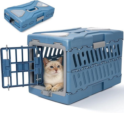 Pet Carrier for Cats & Small Dogs, Foldable & Durable Hard Cat Carrier Plastic, 2-Door 360° Ventilation Clear Top Pet Travel Kennel Crate for Longer Traveling Upto 22Lbs (22.0" L x 13.0" W x 14.6" H)
