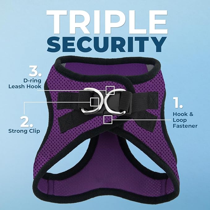 Best Pet Supplies - All Weather Mesh/Plush, Reflective, No Pull Harness for Small, Medium Dogs, Cats - Secure with Hook & Loop Fastener, Buckle, Double D-Rings - Purple/Black Trim, XL