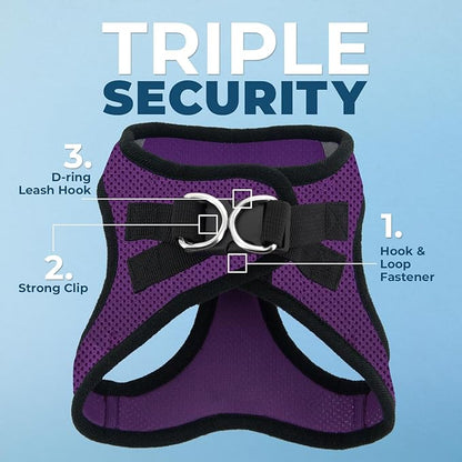 Best Pet Supplies - All Weather Mesh/Plush, Reflective, No Pull Harness for Small, Medium Dogs, Cats - Secure with Hook & Loop Fastener, Buckle, Double D-Rings - Purple/Black Trim, XL