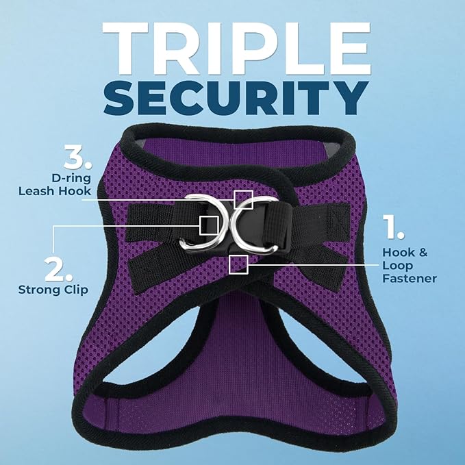 Best Pet Supplies - All Weather Mesh/Plush, Reflective, No Pull Harness for Small, Medium Dogs, Cats - Secure with Hook & Loop Fastener, Buckle, Double D-Rings - Purple/Black Trim, S