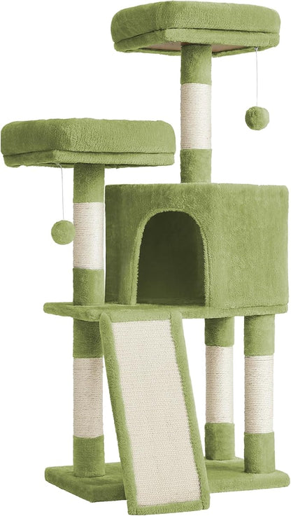 Feandrea Cat Tree, 45.3-Inch Cat Tower, Plush Condo with Scratching Post, Ramp, Perch, Spacious Cave, for Small Space, Grass Green UPCT141C01