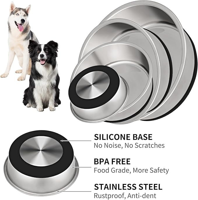 Taglory 8 Cup Stainless Steel Dog Bowls Set of 2 for Food and Water, Silicone Base Anti-Slip, Rust Resistant, Extra Thick Metal Bowls for Medium Dogs, 59oz, Black