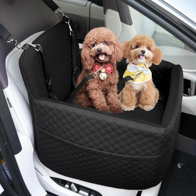 Dog Car Seat for Small & Medium Dogs Under 35lbs, Detachable & Washable Pet Car Seat, Interior Height 6 Inches Dog Booster Seat with Storage Pockets and 2 Dogs Safety Belts (Black)