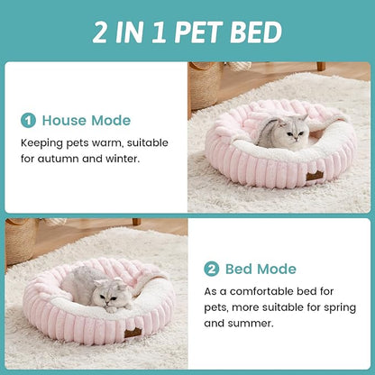 Cat Bed with Hooded Blanket, Round Fluffy Anti-Anxiety Pet Bed for Cats/Toy Breed Dogs, Cozy Donut Cuddler with Machine Washable Faux Fur & Anti-Slip Bottom(20"×20"×6",Pink)