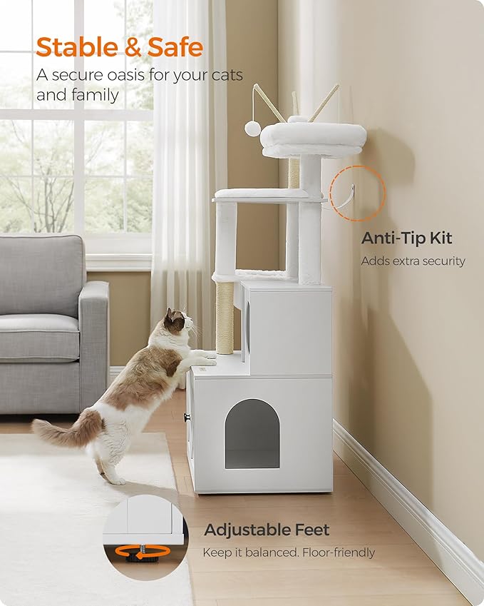 Feandrea Cat Tree with Litter Box Enclosure, 59-Inch Modern Cat Tower, 2-in-1 Condo with Scratching Posts, Washable Removable Cushion, Cloud White UPCT113W01