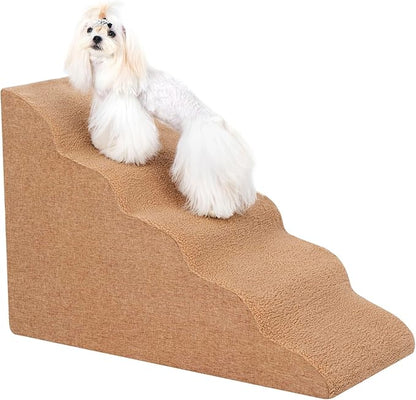 Uross Dog Stairs for Small Dogs-5 Steps Ramps for High Bed Couch, High Density Foam Pet Stairs for Dogs to Get on Bed, 5 Tiers Cat Doggy Steps Ramps for Joint Pain Dog(Brown)