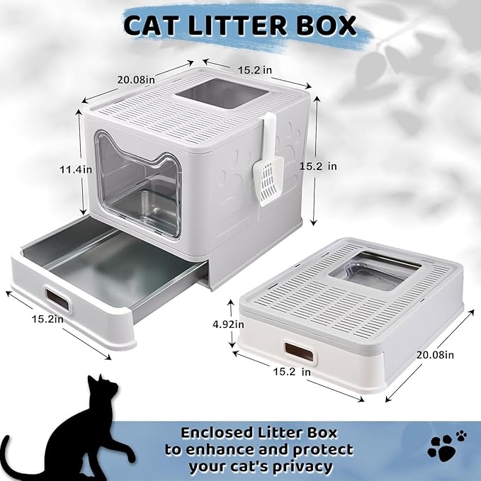 Enclosed Cat Litter Box with Lid Top Exit Covered Metal Stainless Steel Litter Box Leak Proof & Odorless Easy to Clean Including Cat Litter Scoop and Litter Mat