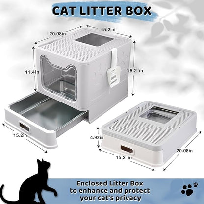 Enclosed Cat Litter Box with Lid Top Exit Covered Metal Stainless Steel Litter Box Leak Proof & Odorless Easy to Clean Including Cat Litter Scoop and Litter Mat