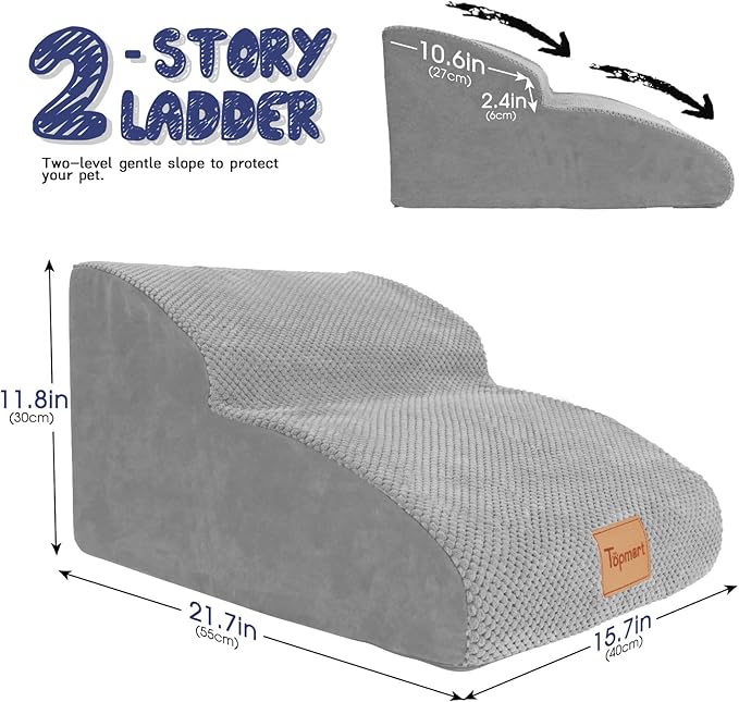 Topmart High Density Extended Foam Dog Ramp&Steps 2 Tiers,11.8" High,Non-Slip Dog Stairs,Soft Foam Pet Ladder with Removable Cover,Best for Injured,Older Cats,Pets with Joint Pain