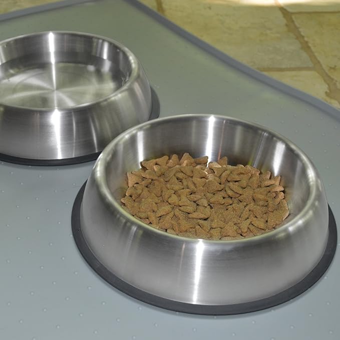 PetFusion Premium Brushed Anti-Tip Dog & Cat Bowls (Set of 2 Bowls). Food Grade Stainless Steel. Bonded Silicone Ring for Traction, Metallic, 32 oz