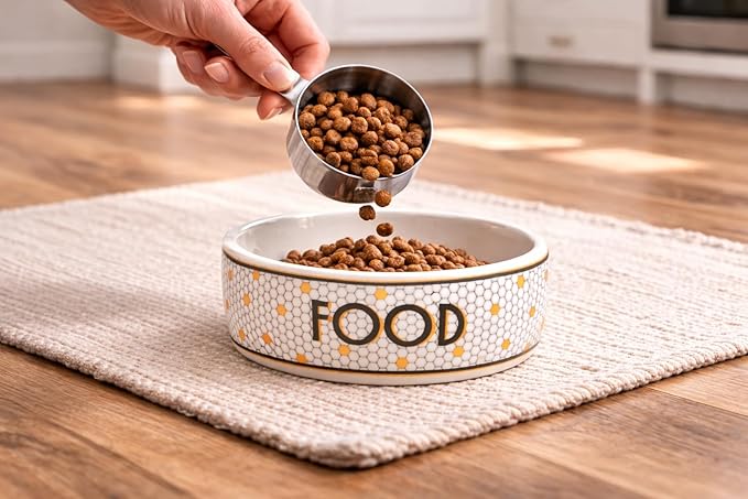 Pearhead Ceramic Dog Food Bowl – Bistro Tile Honeycomb with Gold Accents Stoneware Pet Food & Water Bowl for Small Dogs, Weighted Non-Plastic Feeding Dish, Small/Medium 2.25 Cups/ 18 oz