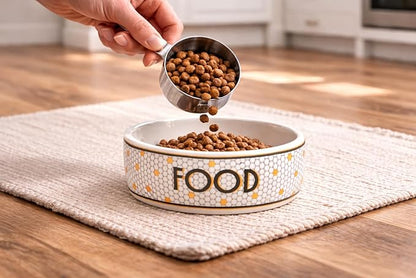 Pearhead Ceramic Dog Food Bowl – Bistro Tile Honeycomb with Gold Accents Stoneware Pet Food & Water Bowl for Small Dogs, Weighted Non-Plastic Feeding Dish, Small/Medium 2.25 Cups/ 18 oz