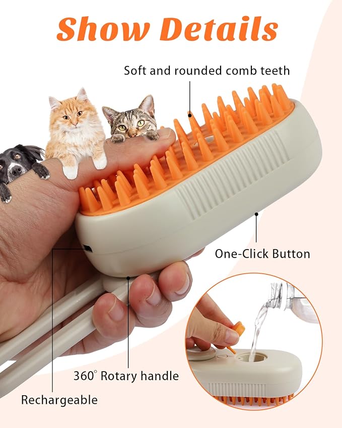 4 in 1 Cat Steam Brush for Shedding, Portable Anti-Static Grooming Comb for Cats & Dogs, Steam Misting Water Brush, Self-Cleaning Pet Hair Remover, Indoor Cat Spray Brushes for Cats & Dogs