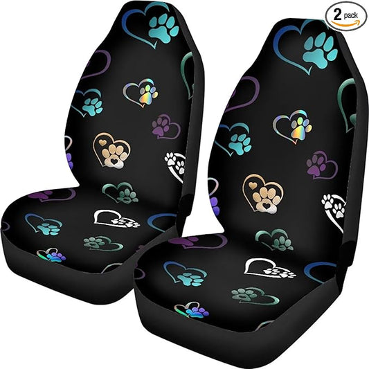 Colorful Heart Dog Paw Print Car Seat Covers Full Set of 2, Cloth Seat for Auto Front Seats, Black Bucket Seat Covers for Cars Washable and Breathable Car Accessories for Sedan Truck SUV