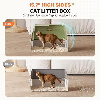 Removable Stainless Steel Cat Litter Box with lid, Front & Top Entry Kitty LitterBox，Cat Litter Box Enclosure, XL Extra Large High-Sided Metal Cat Box with Scoop,Mat,Footboard (Green)