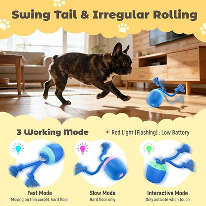 Interactive Dog Toys, Automatic Moving and Rolling Dogs Toy with Rope for Small Medium Large Dogs, Motion-Activated Dog Ball to Keep Them Busy(Blue)