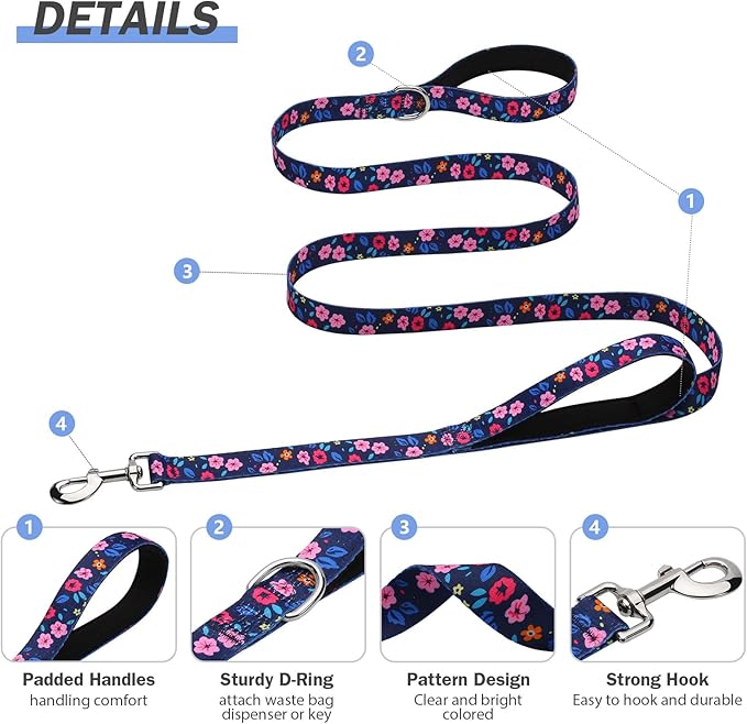 Hikiko 5 Ft Double Handle Dog Leash for Small Medium Large Dogs, Padded Traffic Handles Lead for Walking Training (Navy Blue Floral)