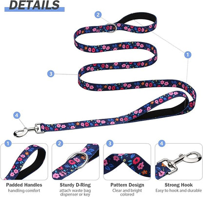 Hikiko 4 Ft Double Handle Dog Leash for Small Medium Large Dogs, Padded Traffic Handles Lead for Walking Training (Navy Blue Floral)