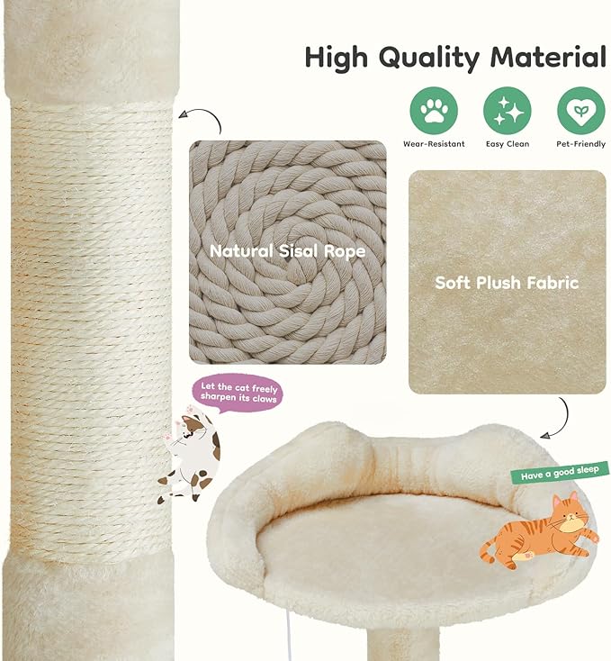 DUMOS 54-inch Indoor Cat Tree Tower –Multi-Level Pet House for Large Cats with 2 Condos, Scratching Posts, Round Platform, Small Ladder, and Toys, Beige