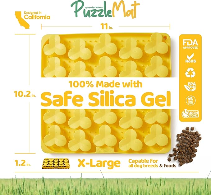 Puzzle Feeder Silicone Mat with Suction Cups, Slow Feeder Bowl for Dry and Wet Food, Dog Enrichment for All Breed Dogs, Yellow