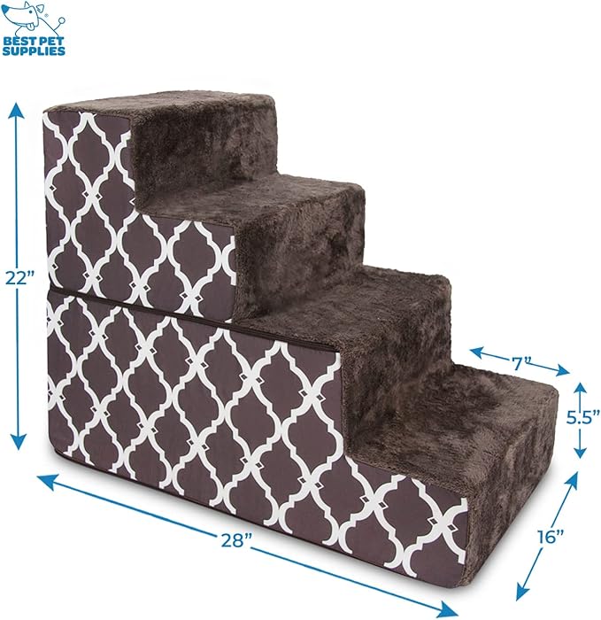 Best Pet Supplies Dog Stairs & Steps - Foam Steps for Small Dogs & Cats, Non-Slip Indoor Balanced Pet Step Support, Dog Ramp, No Assembly, Brown Lattice Print, Foldable 4-Step (22-inch Height)