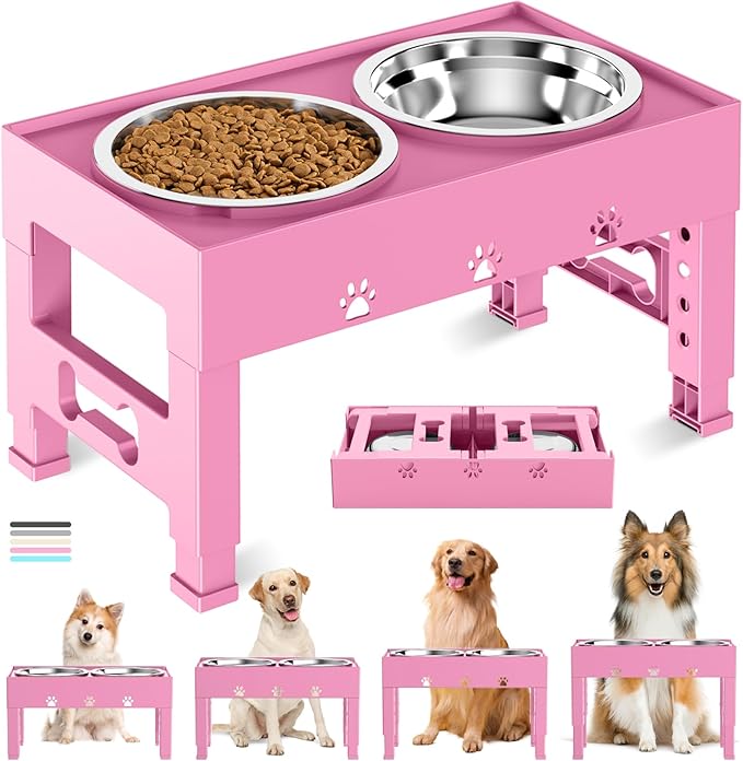 Elevated Dog Bowls with 2 Stainless Steel Bowls, 5-Height Adjustable Stand (3.1", 9" to 12"), for Improved Digestion & Neck Support, Easy Clean, Non-Slip Base Raised Feeder for Medium Large Dogs