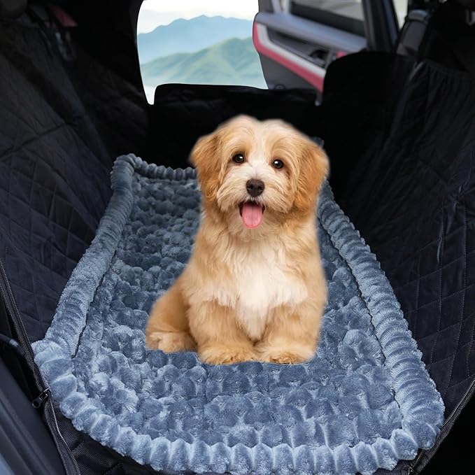 2-in-1 Dog Car Seat Cover & Dog Car Pet Bed Mat for Back Seat, Waterproof Pet Hammock with Soft Plush Cushion, Nonslip Backseat Protector for Dogs, Fits Cars SUVs Trucks