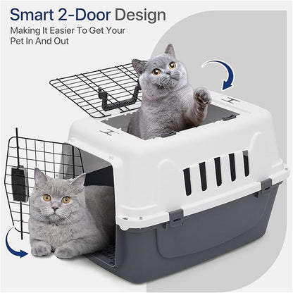 22 Inch Hard-Sided Plastic Dog Carrier 2 Door Travel Crate for Small Dogs Cats up to 22 lbs, Durable Handle, Security Lock Design, Gray