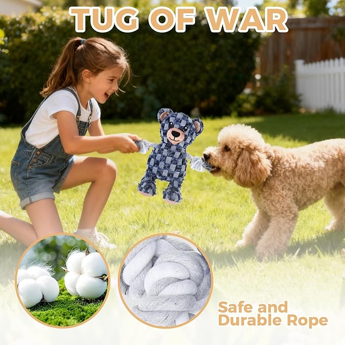 PAWCHIE Squeaky Dog Toys,Robust Bear Chew Dog Toy for Aggressive Chewers,Rope Arm Tug of War&Interactive Puppy Toys to Keep Them Busy for Boredom,Soft Pet Teething Dog Companion, Blue