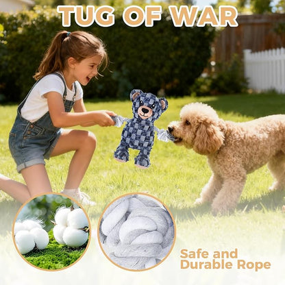 PAWCHIE Squeaky Dog Toys,Robust Bear Chew Dog Toy for Aggressive Chewers,Rope Arm Tug of War&Interactive Puppy Toys to Keep Them Busy for Boredom,Soft Pet Teething Dog Companion, Blue