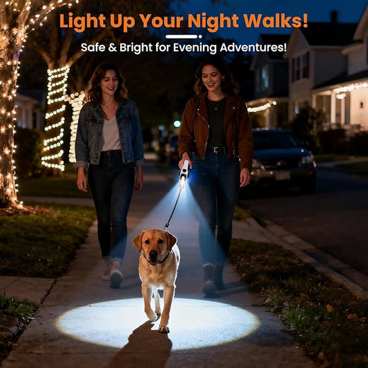 Retractable Dog Leash with Light USB Charged LED & Reflective Tape, 16FT Flexi Dog Leash for Large Dogs, Tangle-Free Pet Lead with Poop Bag Holder, Night Safety, Black