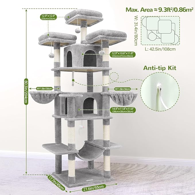 Globlazer Big Cat Tower for Indoor Cats, 80inch Cat Tower for Multiple Adult Cats XXL Cat Tree with Scratching Post, Hammock, 3 Perches, 2 Condos, 2 Hanging Basket, F80, Light Grey