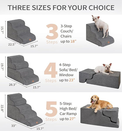 Made4Pets Dog Stairs Ramp for Small Dogs 15.7" H, 3-Step Dog Steps for Bed Couch Sofa and Chair, 35D Foam Pet Steps for Small Dogs and Cats, Non-Slip Bottom Pet Stairs, Grey