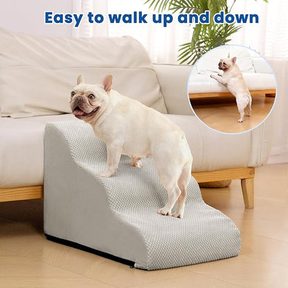 Dog Stairs for Small Dogs and Cats – 3 Step Pet Ramp for Couch & Sofa, Non-Slip Dog Steps for Pets, Washable Cover, High-Density Support Foam for Easy Climbing,Light Grey