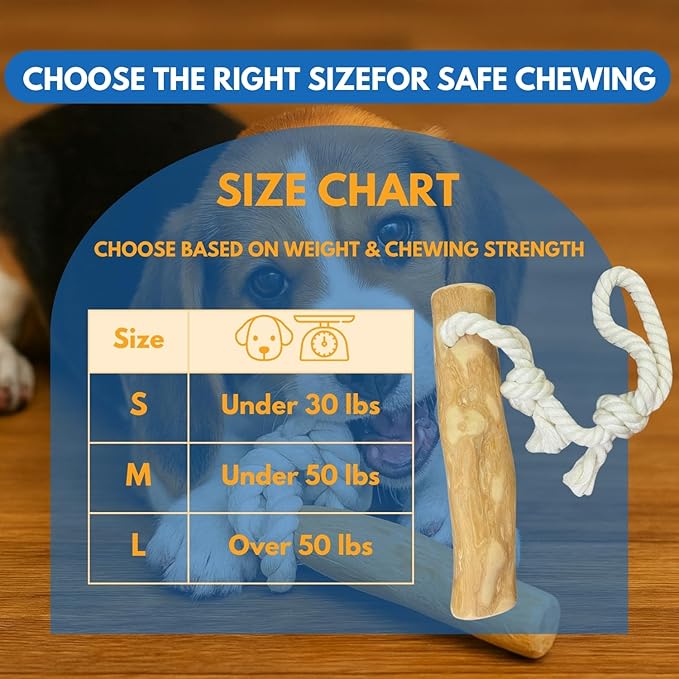 Coffee Wood Dog Chew Toy with Rope for Medium Dogs, Natural Wood Stick for Light to Moderate Chewers, Safe & Long Lasting Chew Toy for Dental Care, Tug Play & Boredom Relief (M - Under 50lbs)