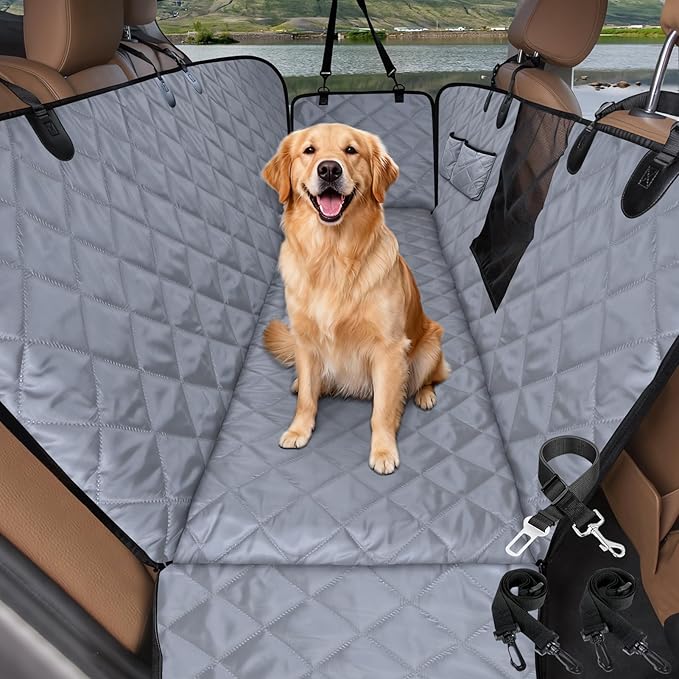Dog Hammock for Car | Mesh Window & Safety Belt | 100% Waterproof Back Seat Pet Cover for Dogs Safe Travel with Side Door Protectors | Non-Slip, Scratchproof Rear Seat Cover for Cars, SUVs, Trucks