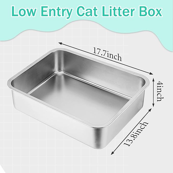 2 Pack Stainless Steel Kitten Litter Box, 17.7"×13.8"×4" Low Entry Cat Litter Box for Small Cat, Kitty Shallow Litterbox for Guinea Pig, Puppy, Hamsters Toilet