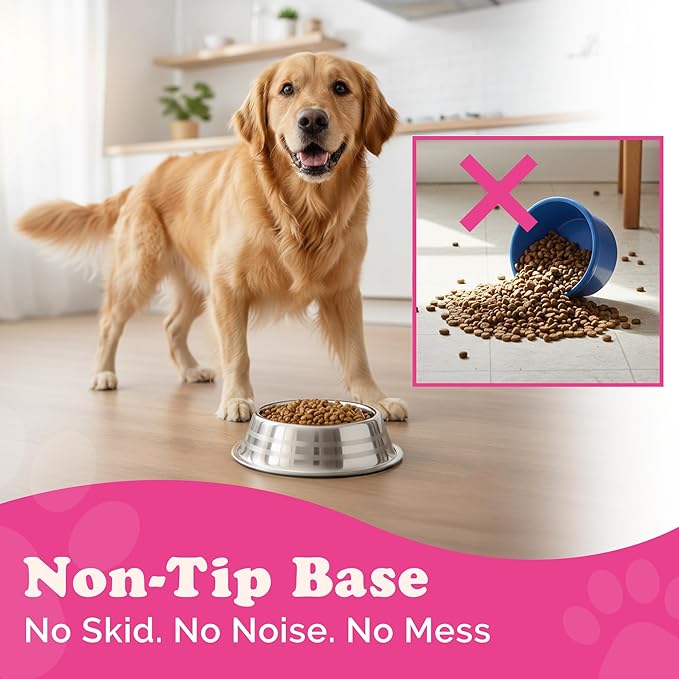 Stainless Steel Dog Bowls | Cat Bowls (Pack of 1) - Anti Skid & Non Tip Dog Water Bowl | Cat Water Bowl Set - Dishwasher Safe - 32 Oz - 950 ml - 23 cm Diameter (Elegant Silver Stripes)