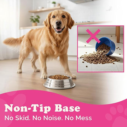 Stainless Steel Dog Bowls | Cat Bowls (Pack of 1) - Anti Skid & Non Tip Dog Water Bowl | Cat Water Bowl Set - Dishwasher Safe - 32 Oz - 950 ml - 23 cm Diameter (Elegant Silver Stripes)