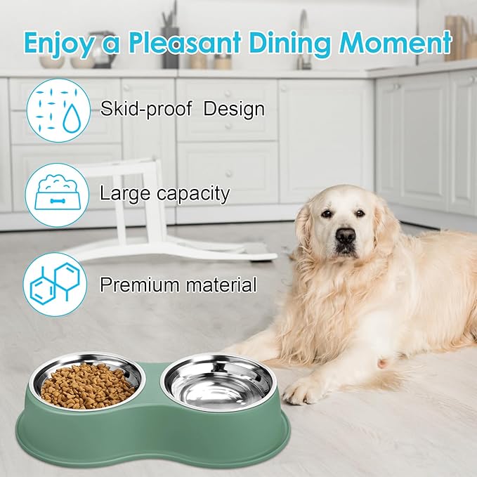 Large Double Dog Water and Food Bowls, Stainless Steel Bowls with Non-Slip Resin Station, Pet Feeder Bowls Food Dish for Small Medium Large Dogs Cats