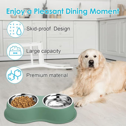 Large Double Dog Water and Food Bowls, Stainless Steel Bowls with Non-Slip Resin Station, Pet Feeder Bowls Food Dish for Small Medium Large Dogs Cats