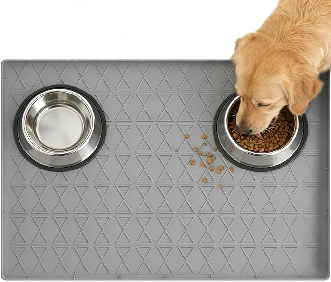 Large Silicone Dog Food Mat with Raised Edge, Waterproof Non-Slip Pet Feeding Mat for Floors, Dog Bowl Mat for Food and Water, Spill Proof Cat & Dog Feeding Placemat, Easy Clean, 34 x 22, Gray
