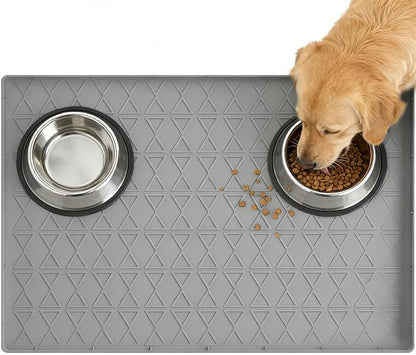 Large Silicone Dog Food Mat with Raised Edge, Waterproof Non-Slip Pet Feeding Mat for Floors, Dog Bowl Mat for Food and Water, Spill Proof Cat & Dog Feeding Placemat, Easy Clean, 34 x 22, Gray