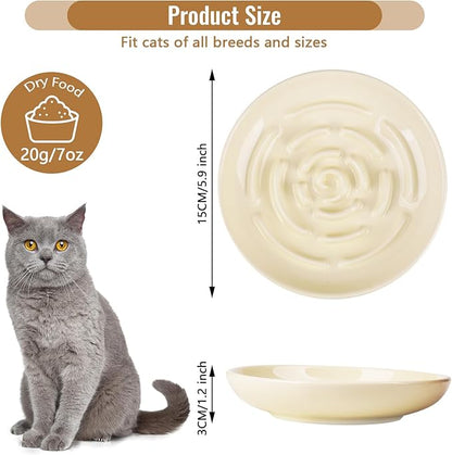 Slow Feeder Cat Bowl Set of 2, Ceramic Slow Feeding Cats Bowl Whisker Friendly, Anti Vomiting Cat Feeder for Dry and Wet Food，Fun Maze Interactive Bloat Stop Puzzle Bowls for Healthy Eating Diet