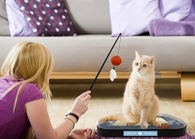 Pets First 6-in-1 Tar Heels Cat Toy - Reversible Cardboard Scratcher, Cat Ball, Bell, Wand, Plush Basketball - Catnip-Filled (UNC-5017-BB)
