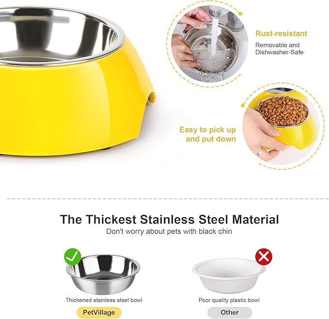 Stainless Steel Dog Bowls Set – Dual Non-Slip Pet Dishes with 2 Small (4oz*2) Bowls & Durable Resin Stand,Food & Water Feeder for Puppies, Kittens, and Small Breed Dogs – Yellow