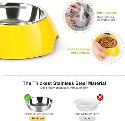 Stainless Steel Dog Bowls Set – Dual Non-Slip Pet Dishes with 2 Small (4oz*2) Bowls & Durable Resin Stand,Food & Water Feeder for Puppies, Kittens, and Small Breed Dogs – Yellow