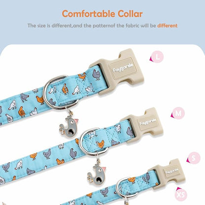 Faygarsle Funny Chicken Pattern Dog Collar, Cotton Fabric, Light Blue with Farm Animal Print for Small Medium Large Dogs S