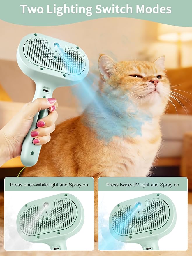 Dog Cat Steam Brush With UV Light, 3 in 1 Release Button Self-Cleaning Grooming Brush for Pets Cats Dogs, Hair Massaging Shedding for Small Animals Long Short Haired - Green
